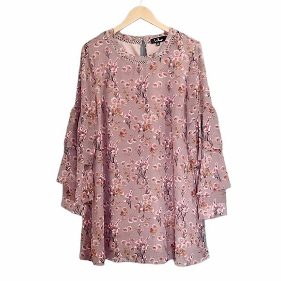 Lulus Day Date Mauve Floral Print Tiered Flounce Sleeve Mini Dress Size Medium - Picture 1 of 13